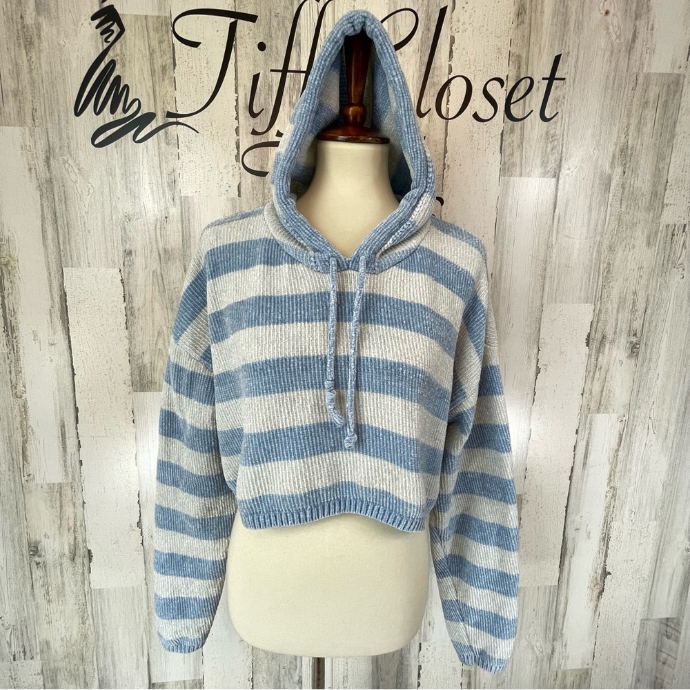 Angel Kiss Women’s BlueGray Chenille Soft Cropped Hoodie Sweater Top Size Large